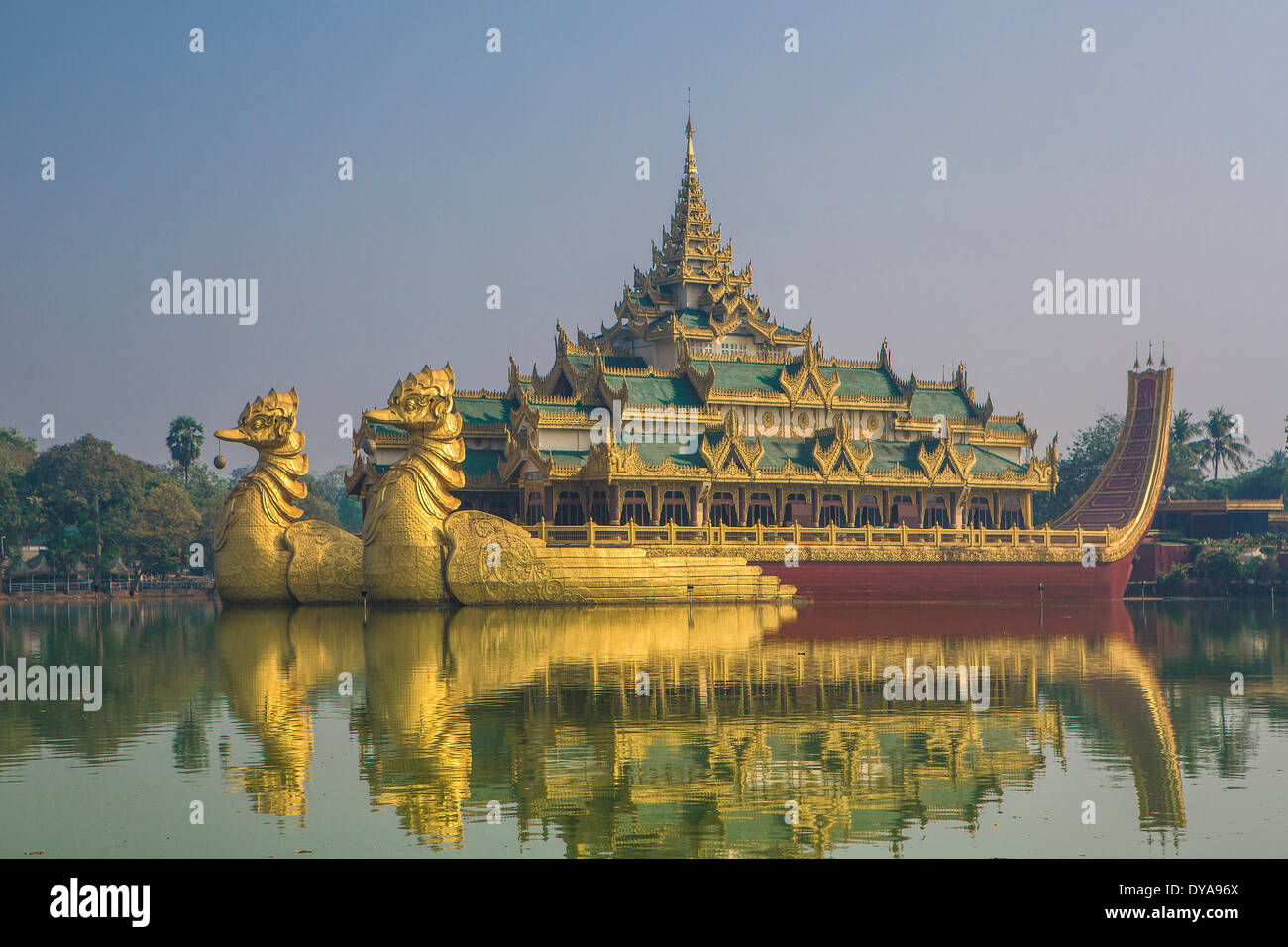 Myanmar Burma Asia Paya Yangon Rangoon Kandawgyi Floating architecture colourful famous flowers image lake reflection resta Stock Photo