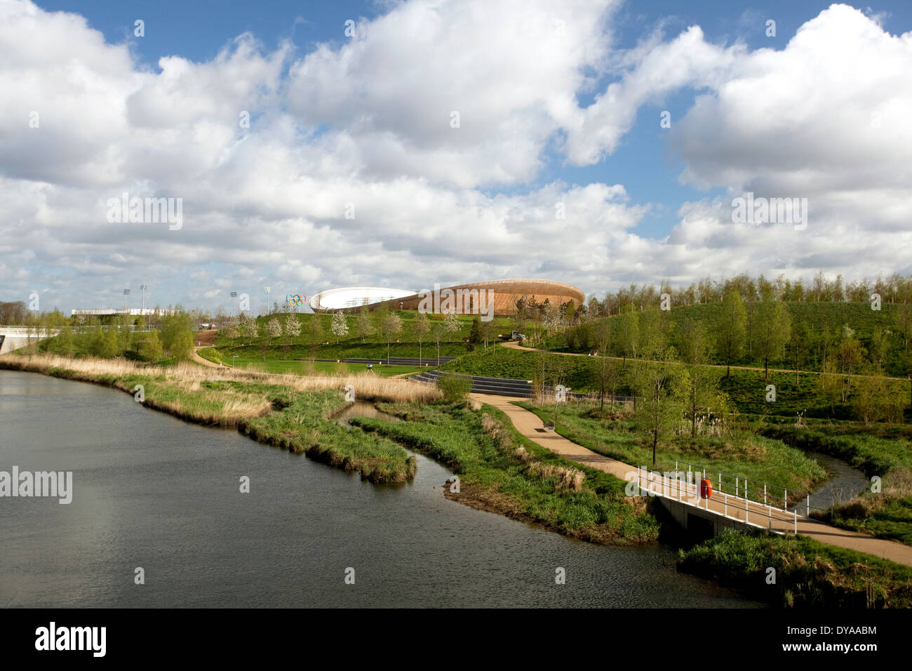 Velodrome seen across River Lea in Queen Elizabeth Olympic Park, London Stock Photo