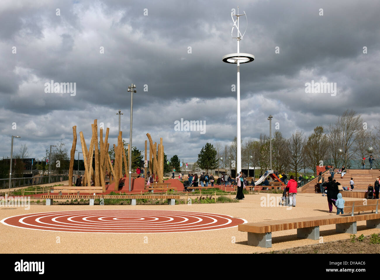 South Plaza children's playground in Queen Elizabeth Olympic Park, London Stock Photo