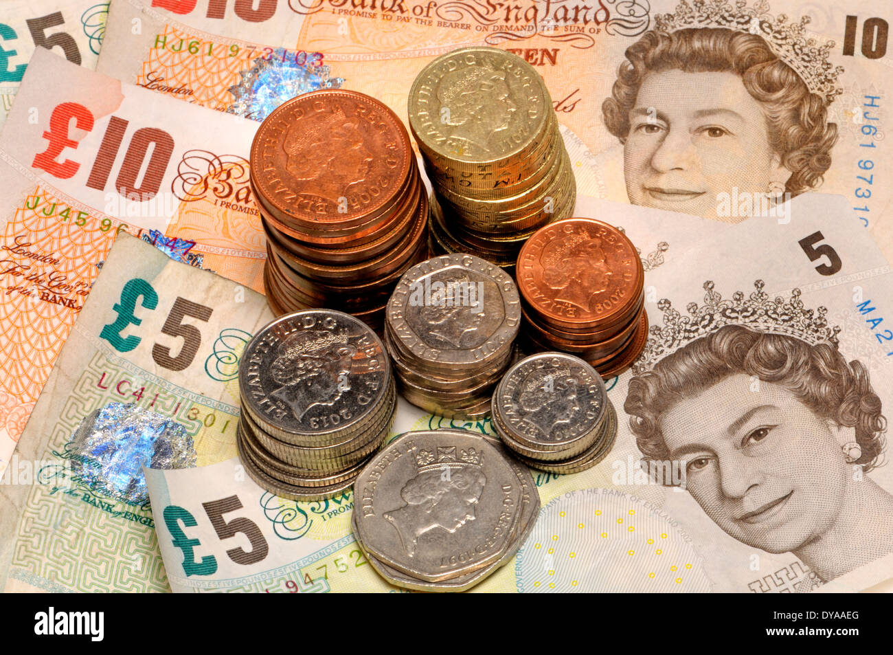 British currency, coins and notes Stock Photo