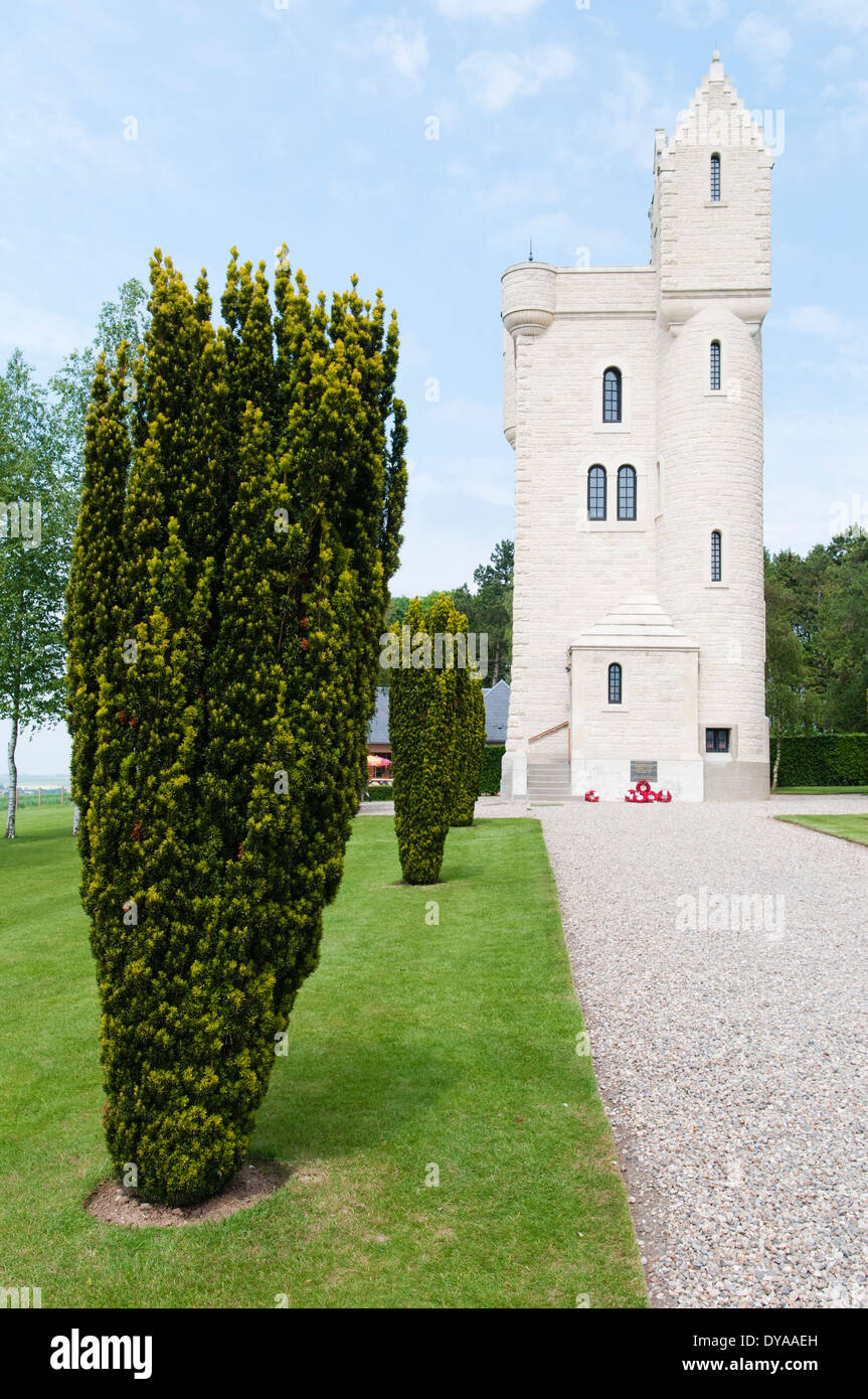 France, Somme. Ulster Memorial Tower, a Somme battlefield memorial to the men of the 36th Ulster Division who died in July 1916, Stock Photo