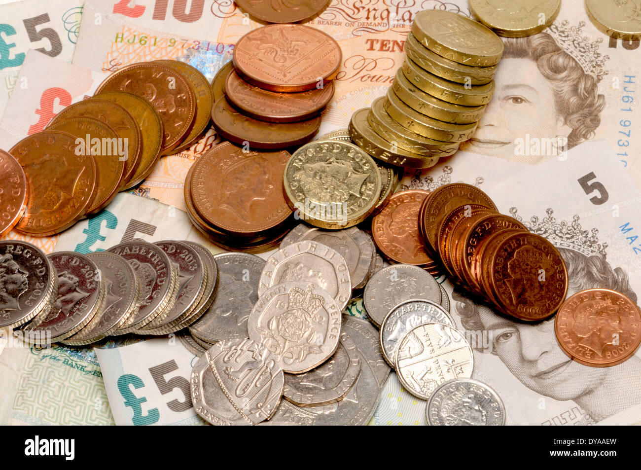 British currency, coins and notes Stock Photo