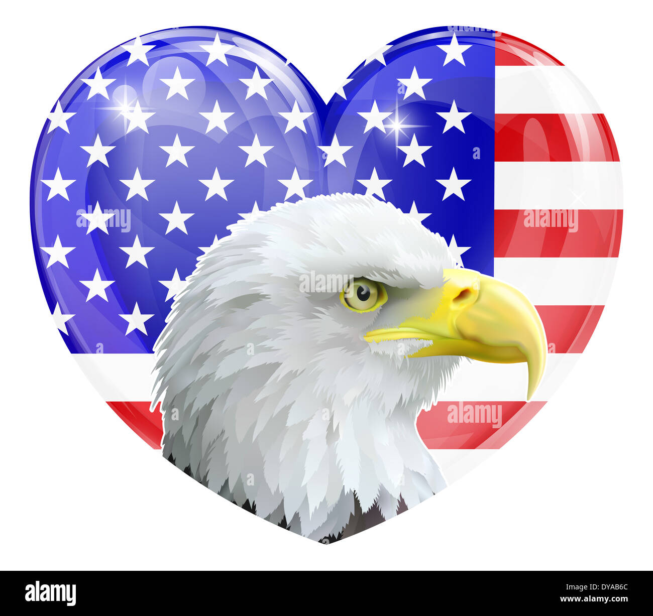 Eagle America love heart concept with and American bald eagle in front of an American flag in the shape of a heart Stock Photo