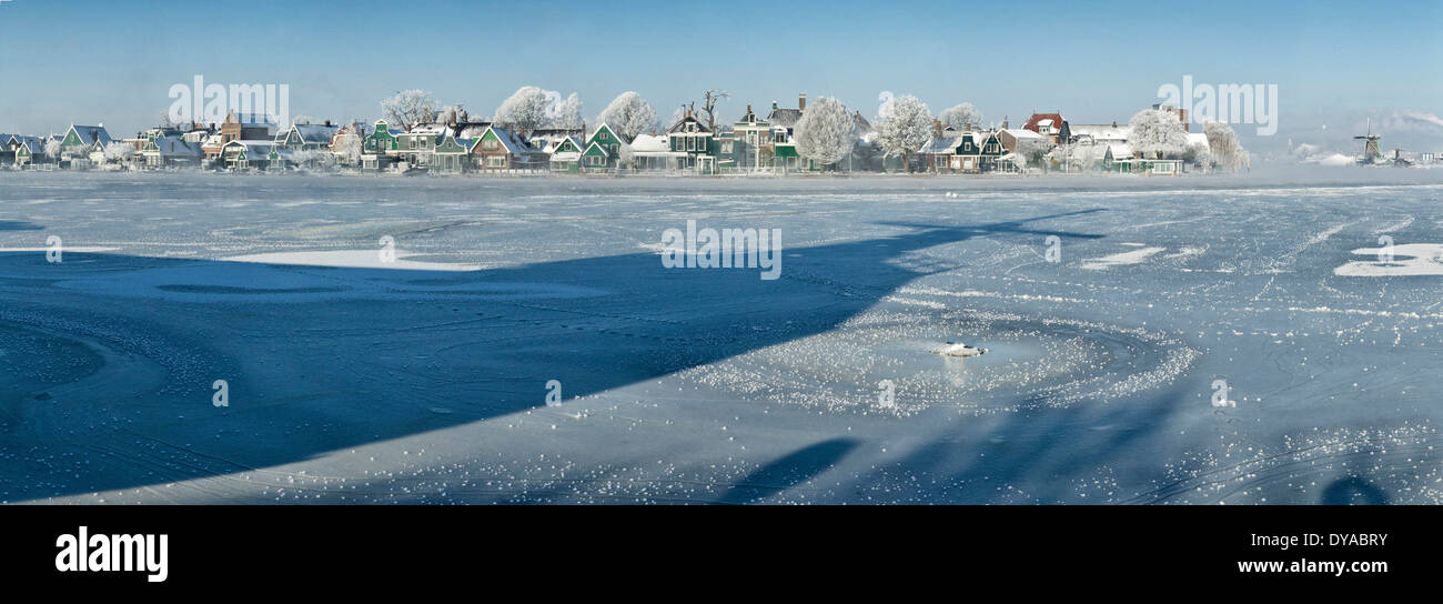 Netherlands, Holland, Europe, Zaandijk, North Holland, city, village, water, winter, snow, ice, River, Zaan, frozen, Stock Photo