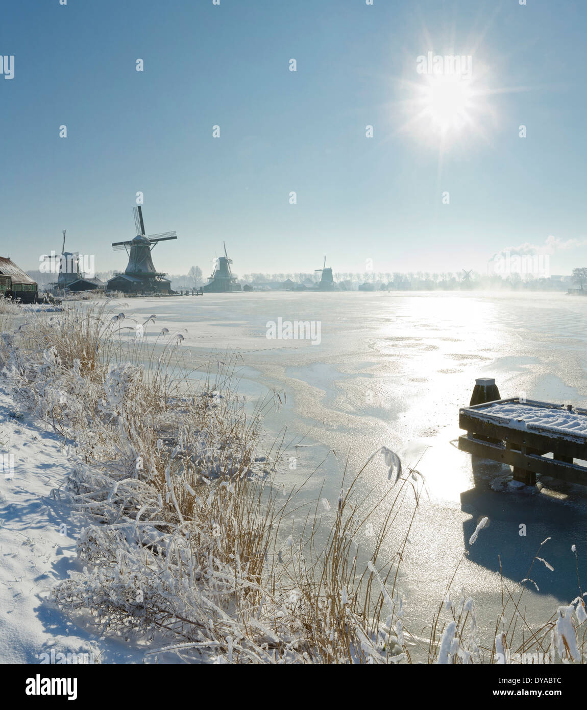 Netherlands, Holland, Europe, Zaandam, North Holland, windmill, water, winter, snow, ice, Windmills, frozen, river, Zaan, sun Stock Photo