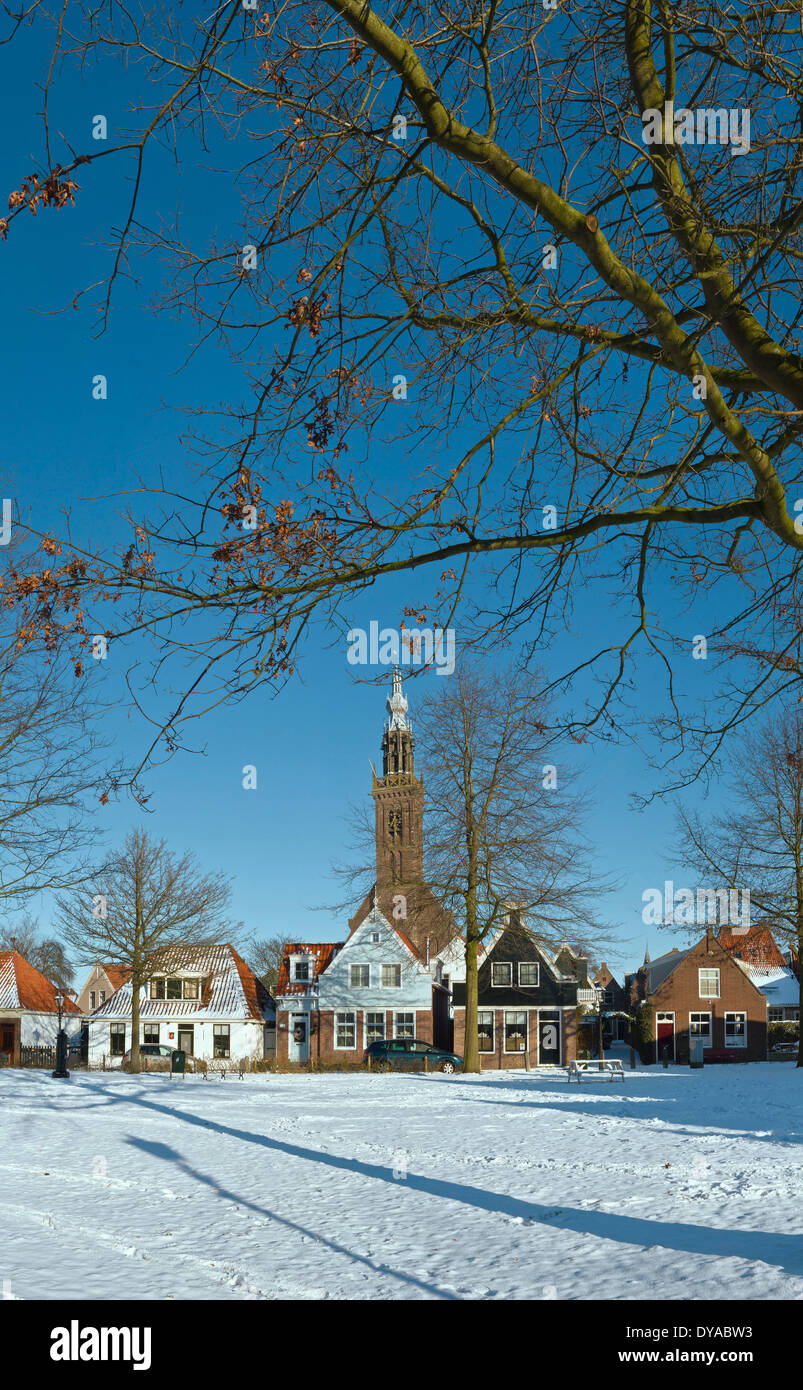 Netherlands, Holland, Europe, Edam, North Holland, city, village, forest, wood, trees, winter, snow, ice, Church, bell tower Stock Photo