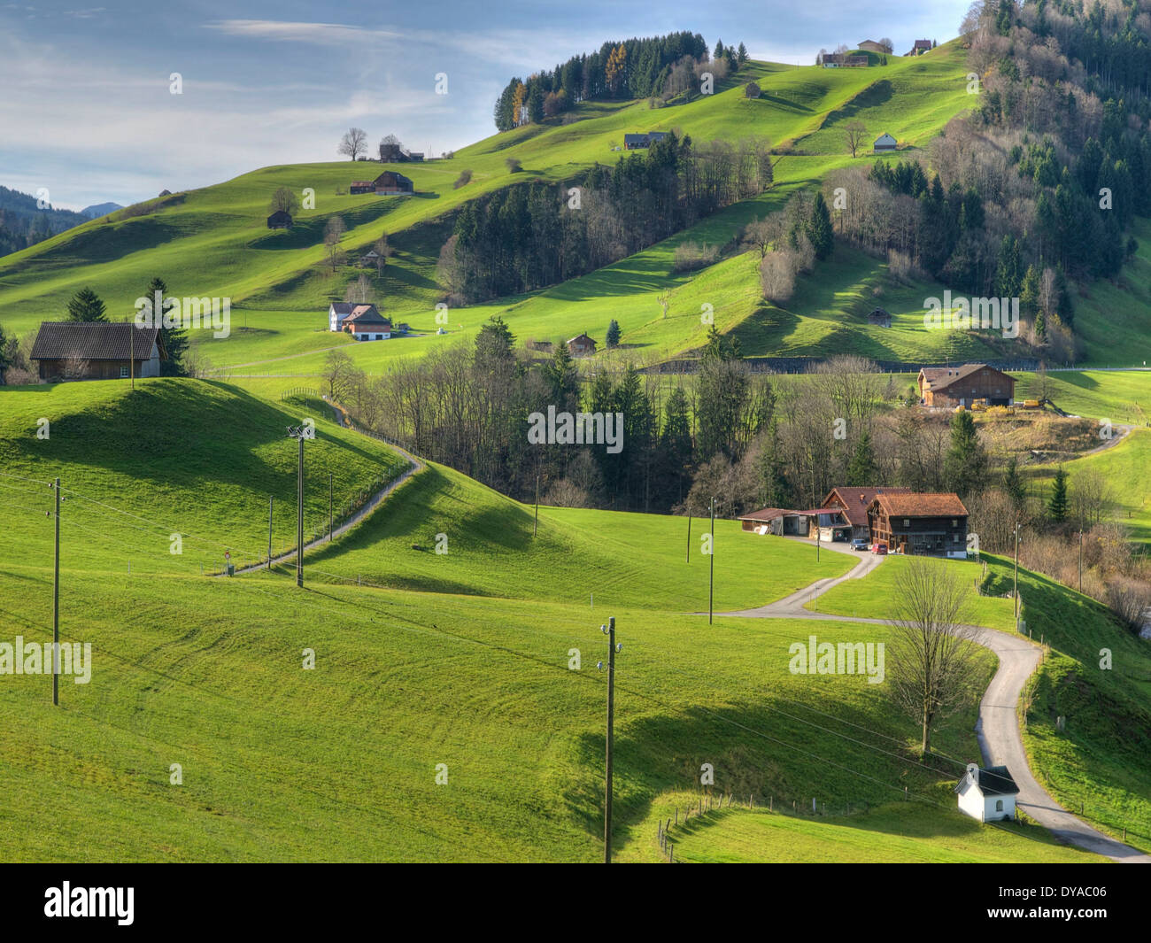 Appenzell, Switzerland, Europe, farm, hill, autumn, scenery, landscape, meadows, agriculture Stock Photo