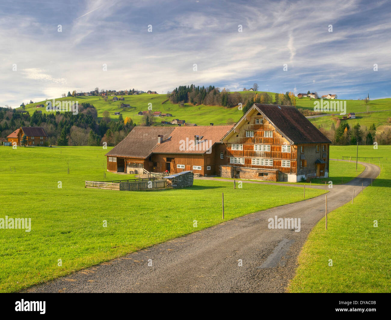 old-fashioned Appenzell Switzerland Europe farmhouse house autumn himmel sky idyl scenery landscape agriculture nature nosta Stock Photo