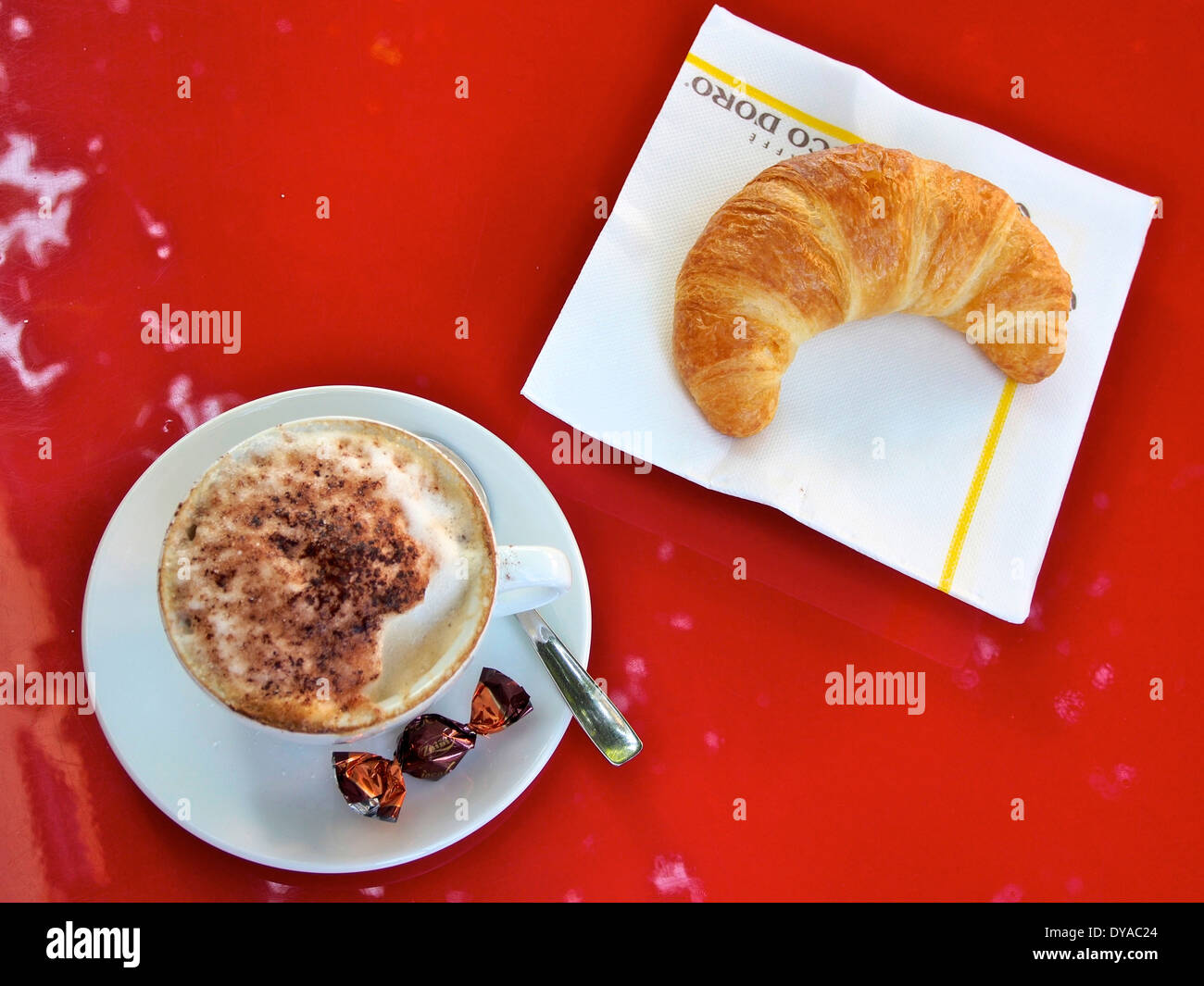 Cappuccino, coffee, chocolate, croissant, bread, spoon, napkin, cup, plate, Food, Stock Photo