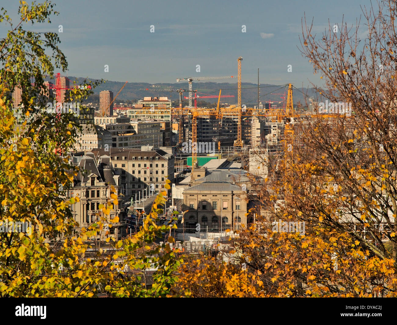 Zurich, Oerlikon, Switzerland, Europe, construction work, construction cranes, trees, central station Stock Photo