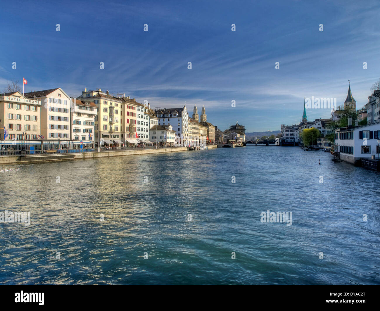 Zurich, Switzerland, Europe, boats, river, flow, church, Grossmünster, Limmat, Limmatquai, schipfe, weeping willow, water, Stock Photo