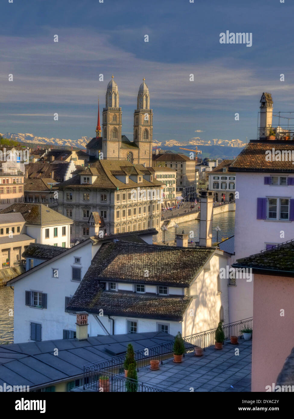 Zurich, Switzerland, Europe, the Alps, roofs, church, Grossmünster, Limmat, Quai, city hall, schipfe, chimneys, Stock Photo