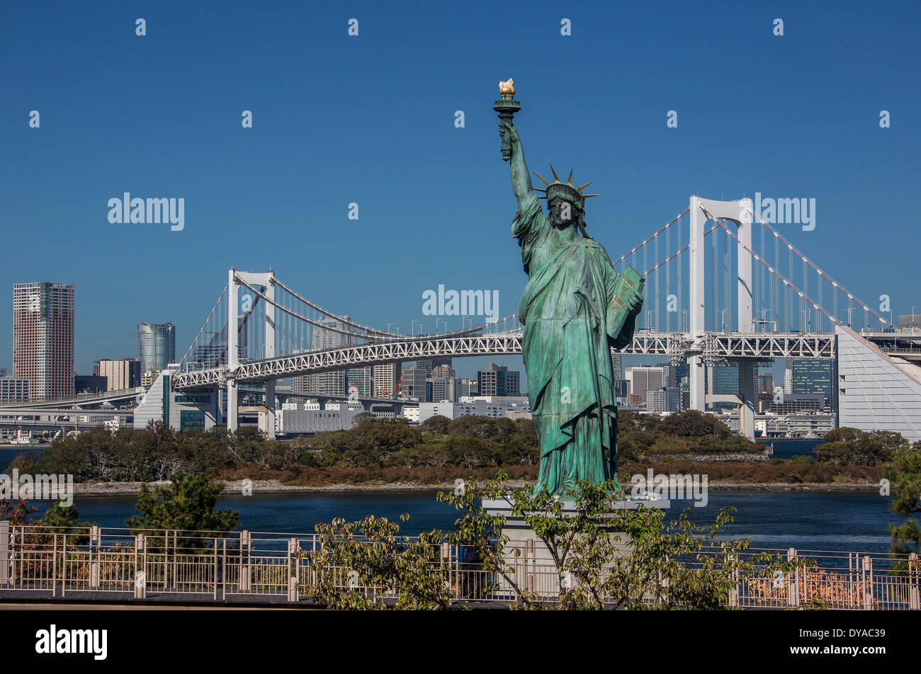 Japan, Asia, Tokyo, City, Odaiba, bridge, district, liberty, rainbow, statue, tourists, travel Stock Photo