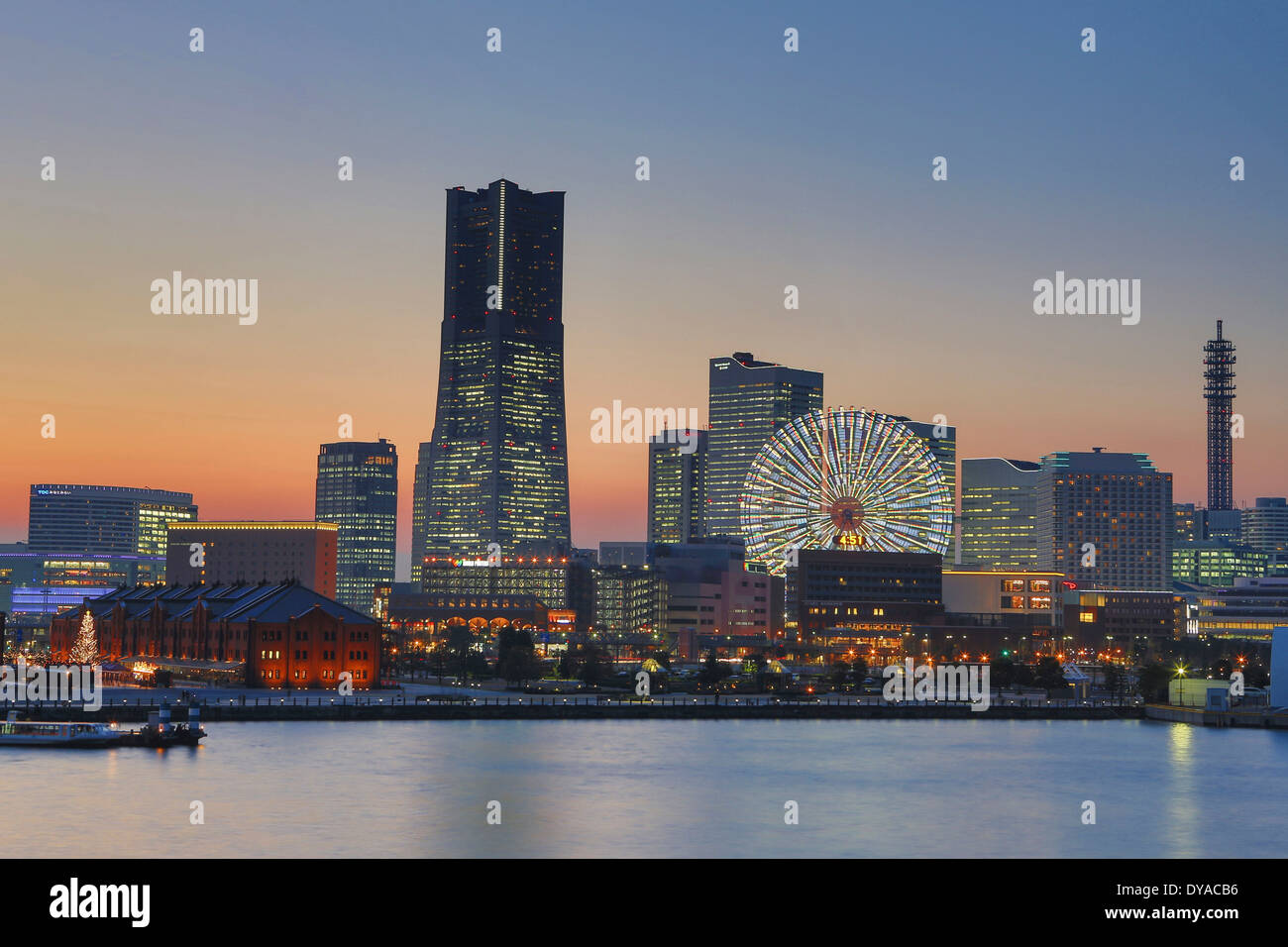 Japan, Asia, Yokohama, Landmark, Tower, architecture, bay, city, colourful, panorama, skyline, sunset, touristic, travel, wheel Stock Photo
