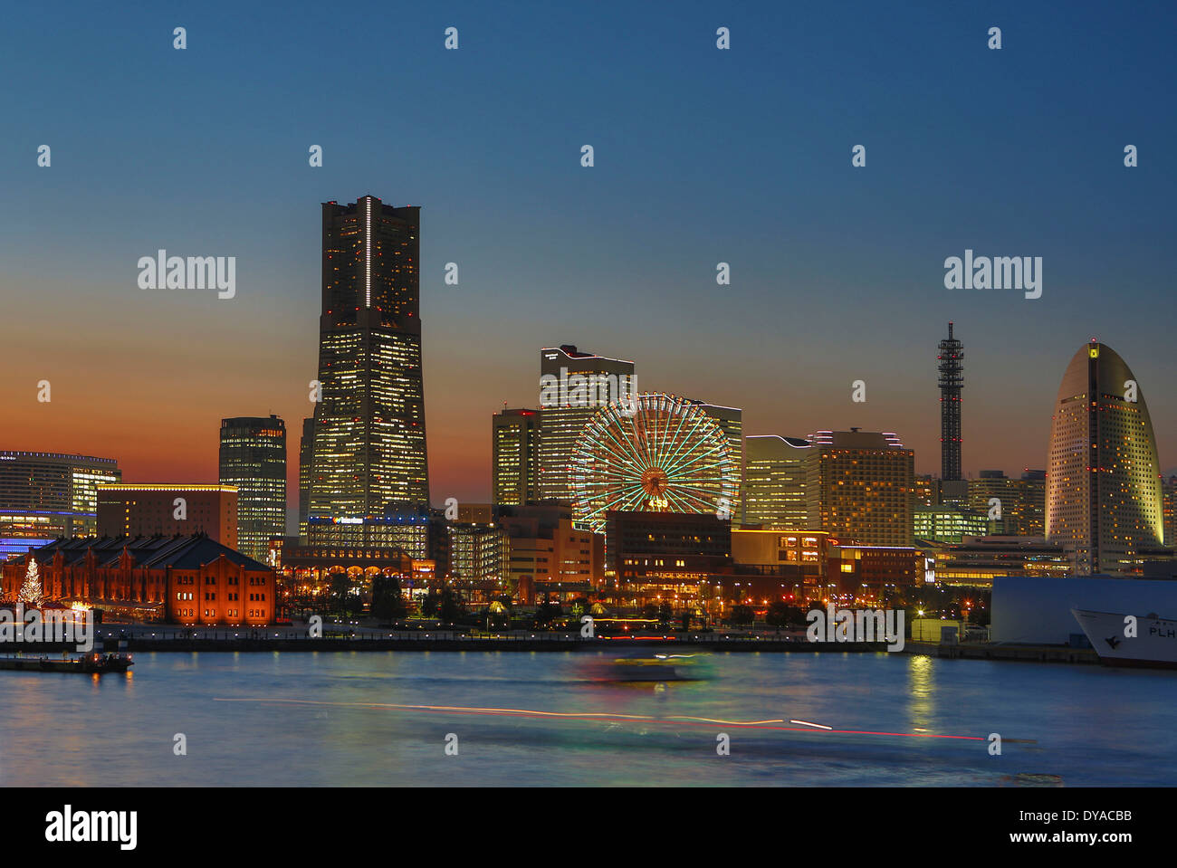 Japan, Asia, Yokohama, Landmark, Tower, architecture, bay, city, colourful, panorama, skyline, sunset, touristic, travel, wheel Stock Photo