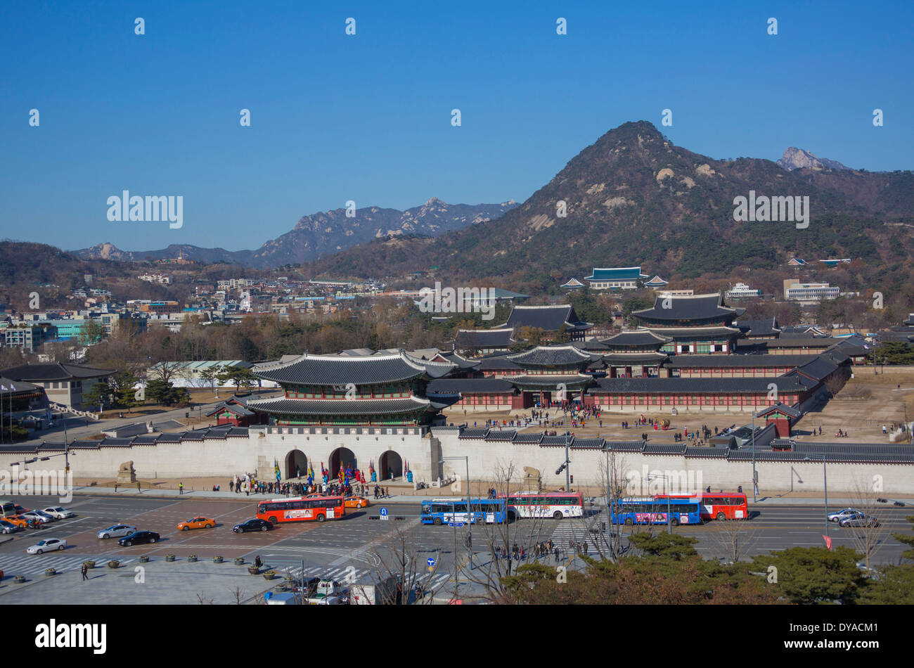 World Heritage Gwangwha-mun Korea Asia Kyongbok Palace Seoul aerial architecture city colourful landmark gate history palace Stock Photo