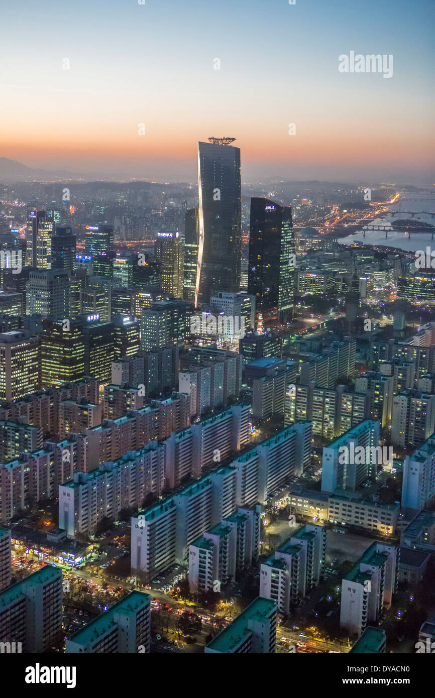 Korea Asia Seoul Yeouido aerial apartments architecture blocks center city colourful financial geometry international order, Stock Photo