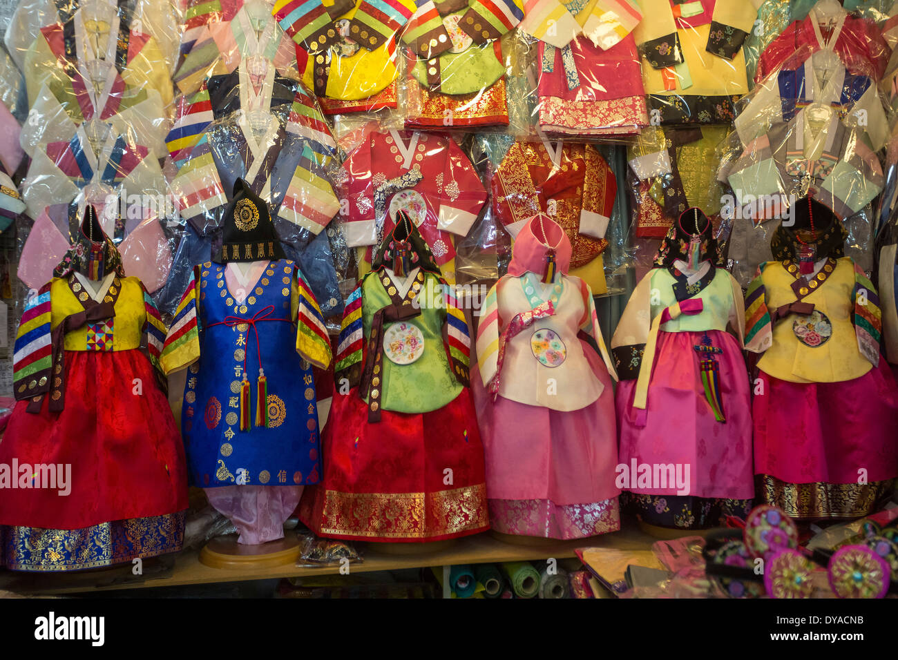 Korea Asia Myeongdong Seoul children city colourful dress market popular shop shopping touristic traditional travel Stock Photo