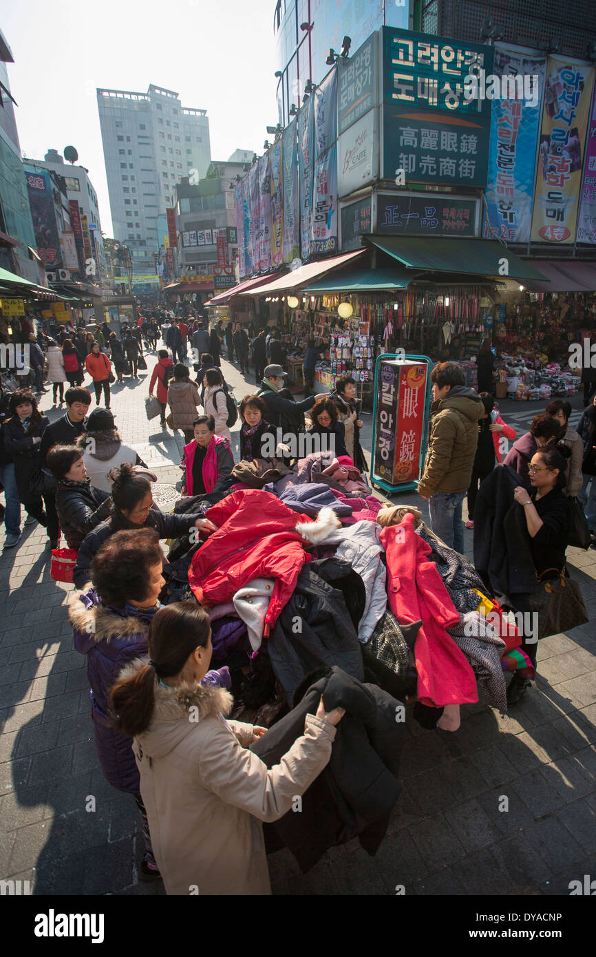 Korea Asia Myeongdong Seoul city colourful crowded landmark market popular scene shopping street touristic traditional trav Stock Photo