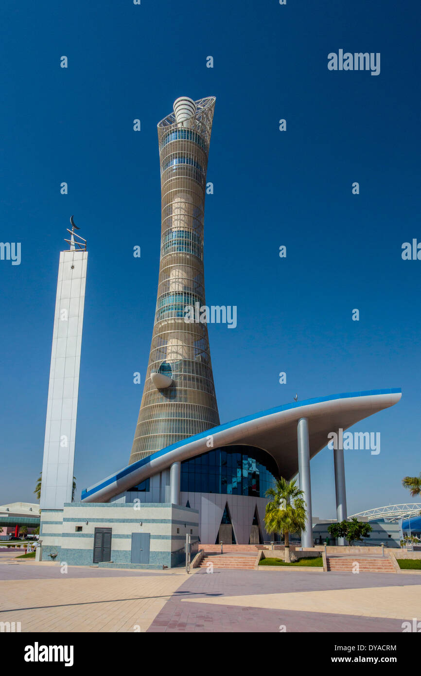 Aspire Doha Khalifa Qatar Middle East architecture city international park sports stadium tall touristic tower travel Stock Photo