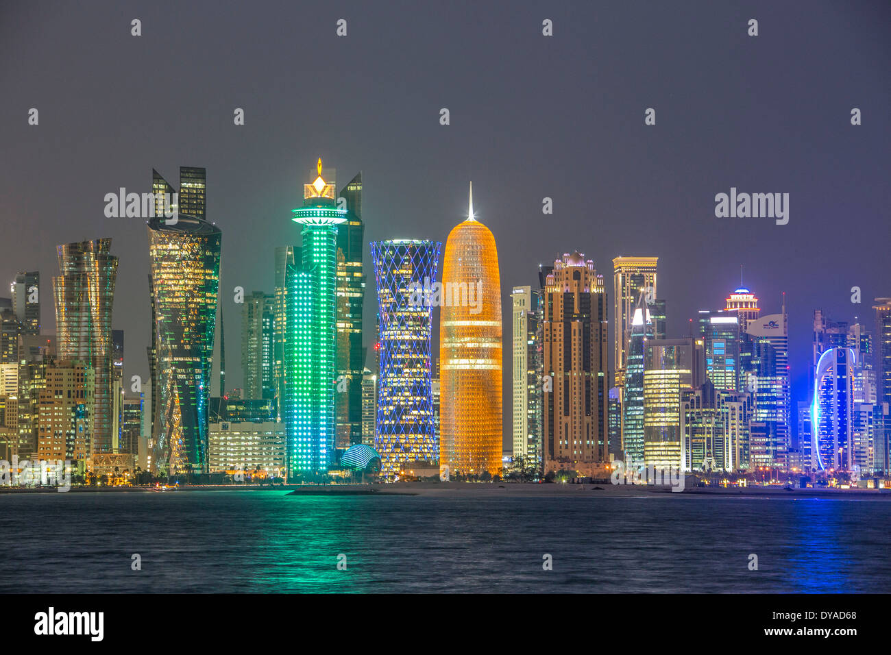 Al Bidda Burj Doha Qatar Middle East World Trade Center architecture bay city colour colourful corniche futuristic lights sk Stock Photo