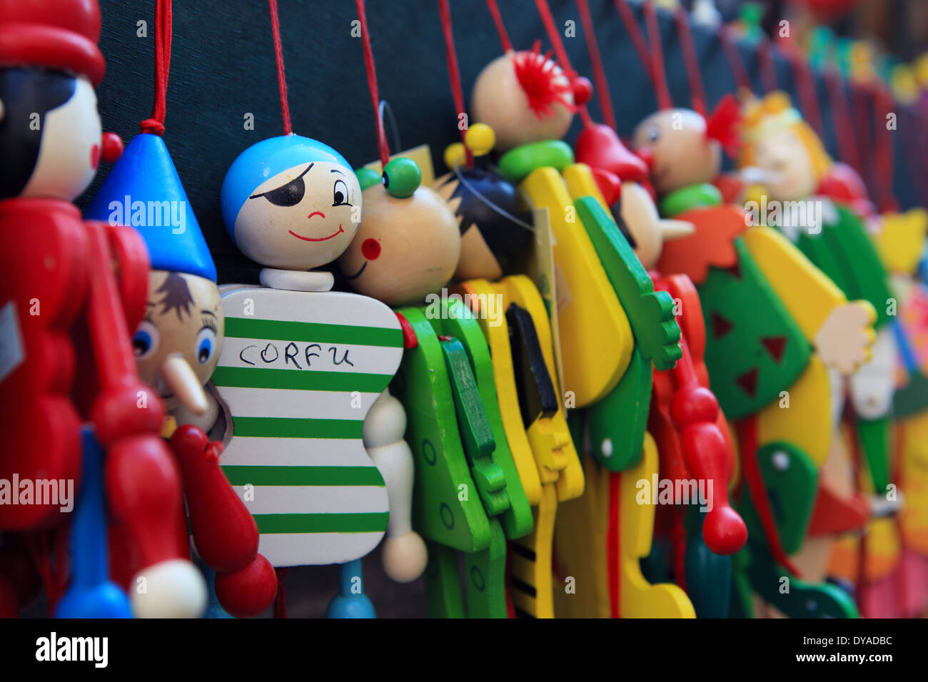 Novelty wooden toys on sale in Corfu Town, Greece Stock Photo