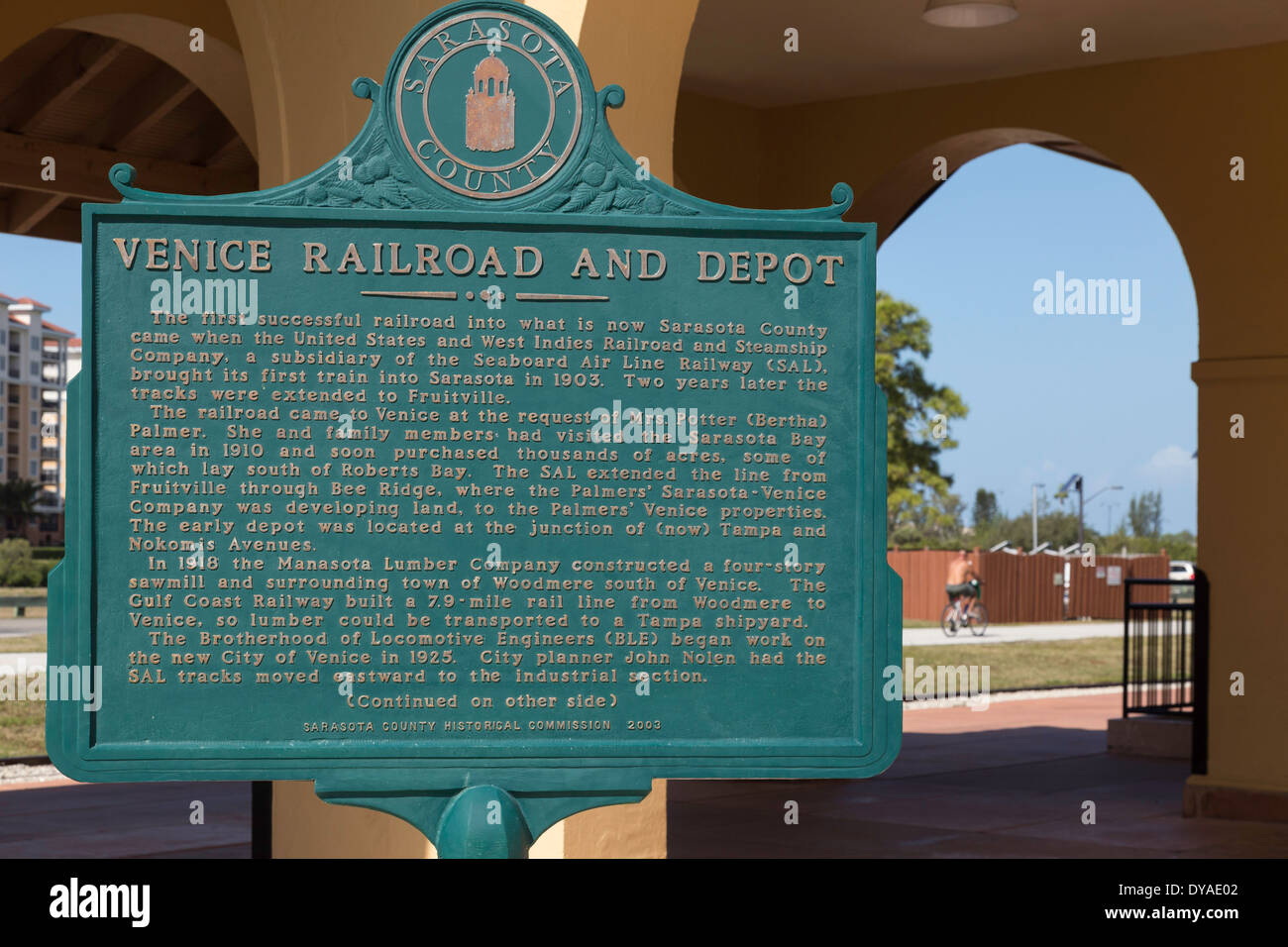 Historical Marker, Venice Railroad and Depot, Venice, Florida, USA Stock Photo