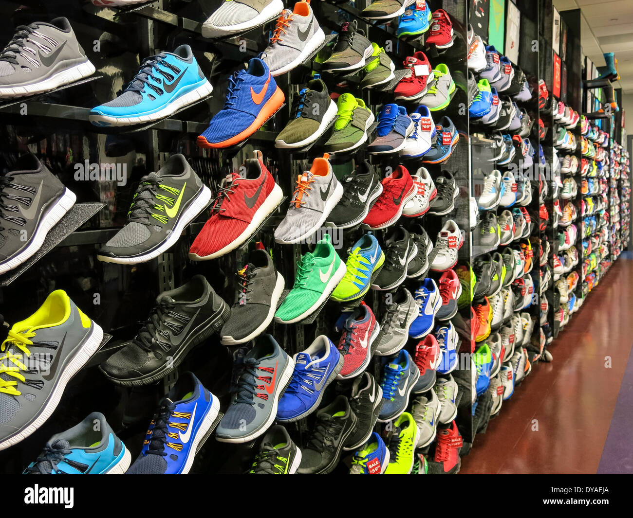 Athletic Shoe Wall, Foot Locker, International Plaza, Tampa, FL, USA Stock Photo