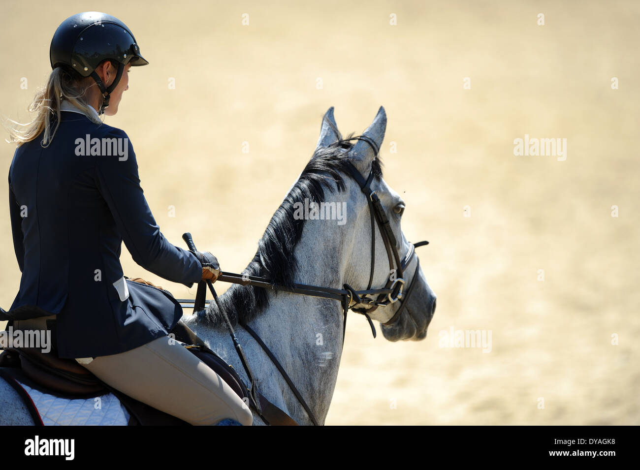 A Woman rider and her horse during a show jumping competition Stock