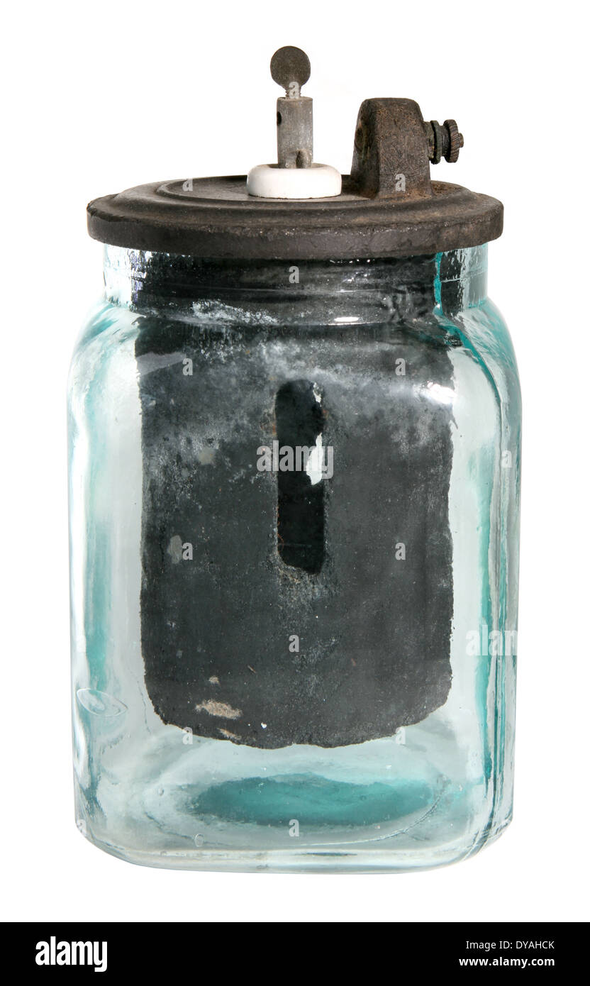 Battery Jar. Antique square blown glass battery jar showing carbon insert  and connectors. Circa1890s Stock Photo - Alamy