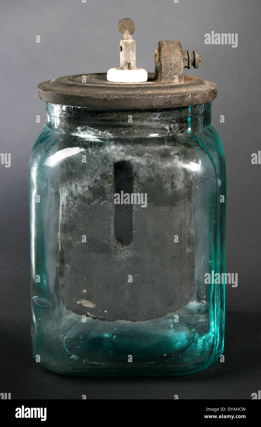 Battery Jar. Antique square blown glass battery jar showing carbon insert  and connectors. Circa1890s Stock Photo - Alamy