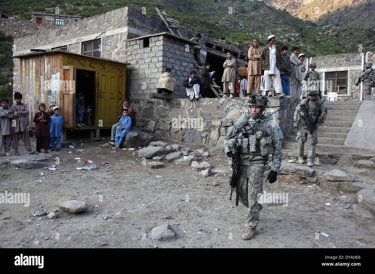 US Army soldiers with the Kunar Provincial Reconstruction Team, depart after holding a shura, or meeting December 7, 2009 in Lachey village, Shigal district, Kunar province, Afghanistan. Stock Photo