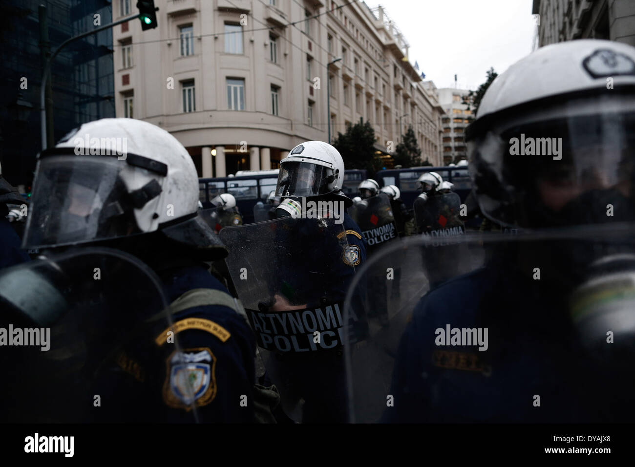 Athens, Greece. 11th Apr, 2014. Riot police block the road during a ...