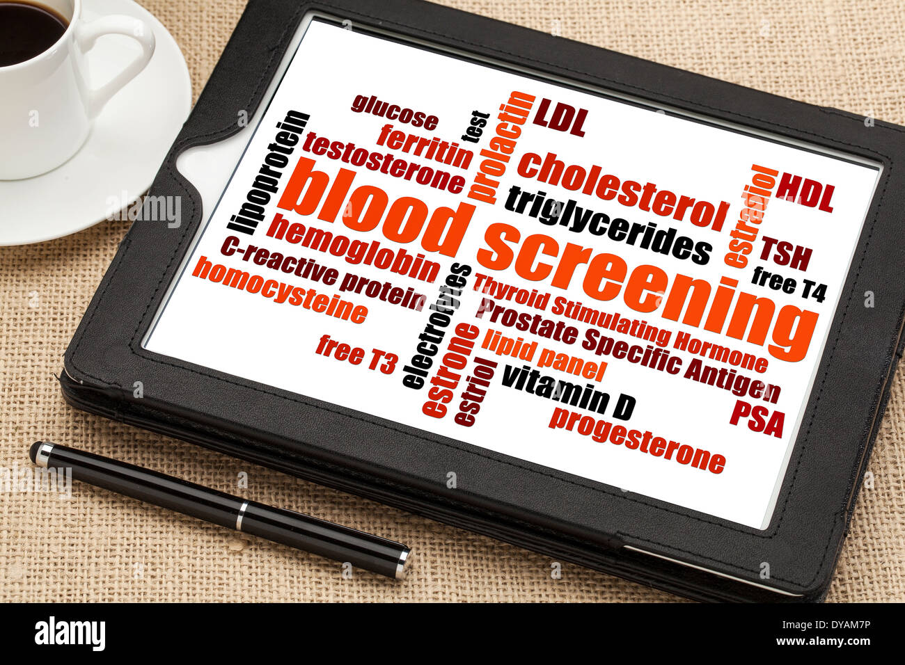 healthcare concept - blood screening word cloud on a digital tablet Stock Photo