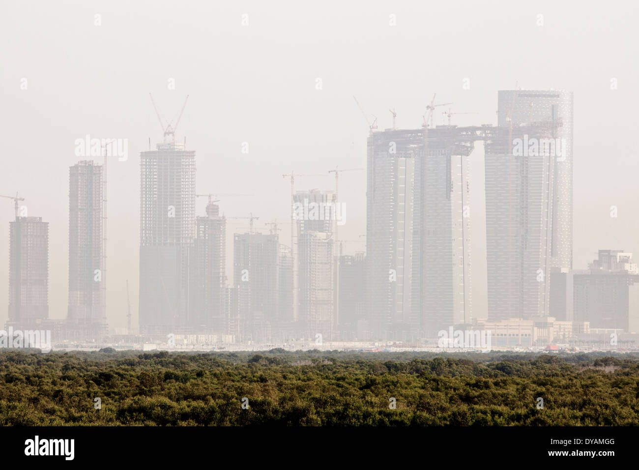 Apartment building development on Reem Island, beyond a mangrove lined shore of Abu Dhabi. Stock Photo