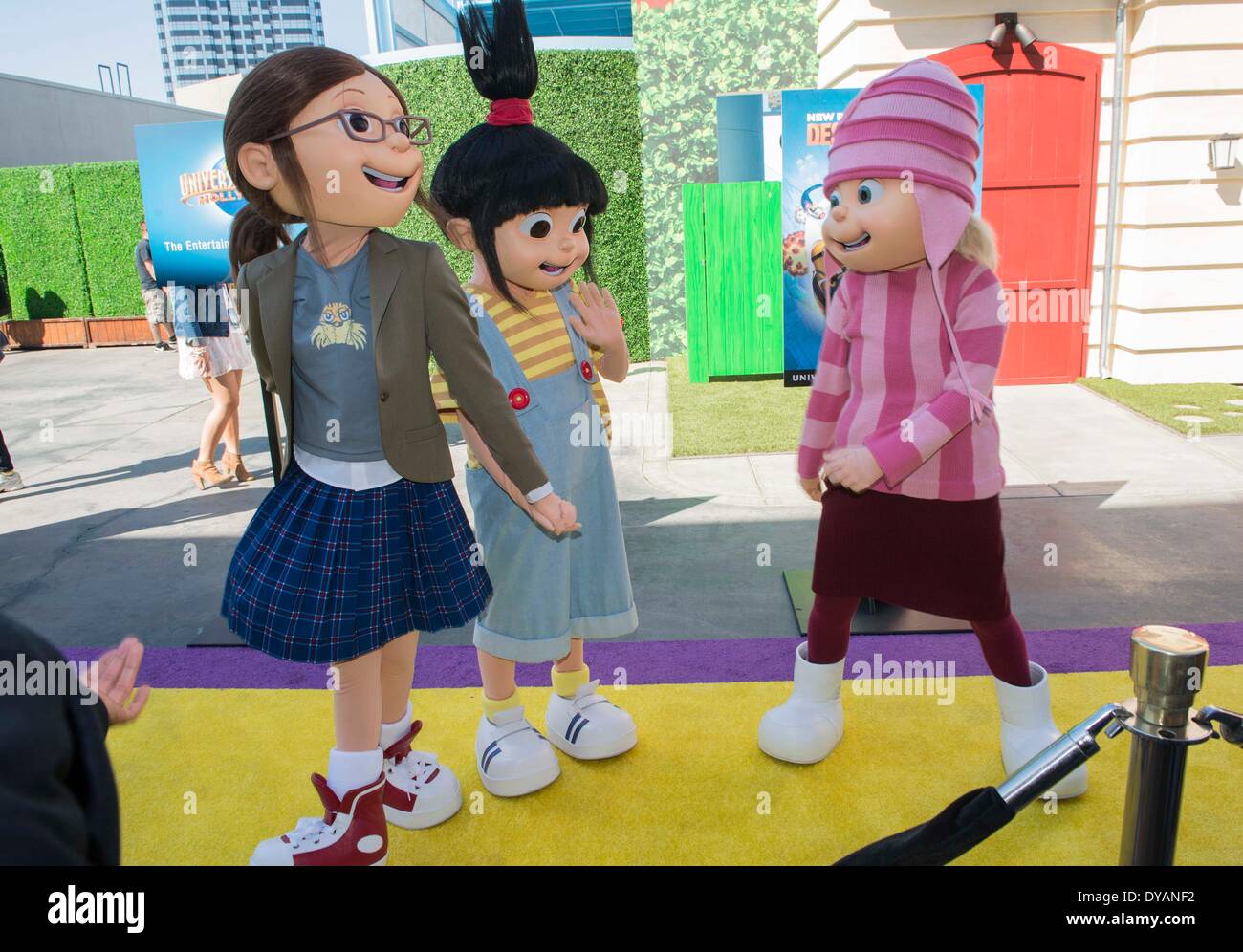 Los Angeles, California, USA. 11th Apr, 2014. Daughters of Gru attend the premiere of new 3D ultra HD digital animation adventure "Despicable Me Minion Mayhem" at Universal Studios Hollywood in Universal City, Los Angeles, California, on April 11, 2014. Credit:  Yang Lei/Xinhua/Alamy Live News Stock Photo