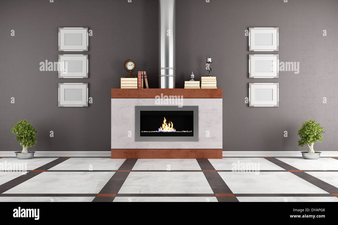 Contemporary Gas Fireplace In A Elegant Room Rendering Stock