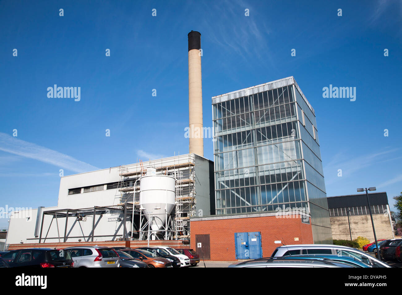 Chimney of incinerator building at Ipswich Hospital, NHS Trust, Ipswich, Suffolk, England Stock Photo