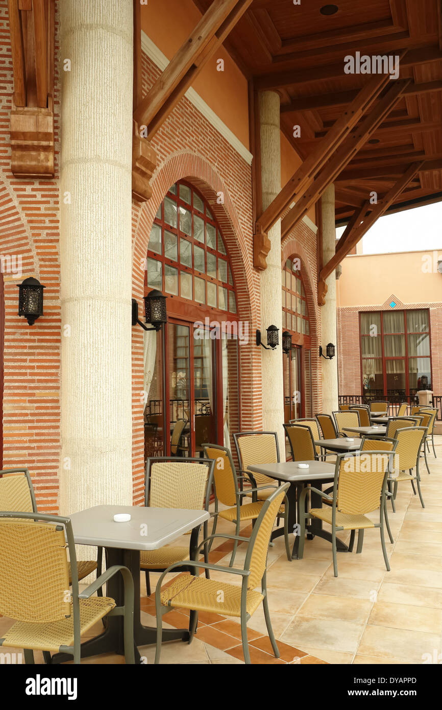 Terrace with chairs in high klass turkish hotel Anatolian coast. Stock Photo