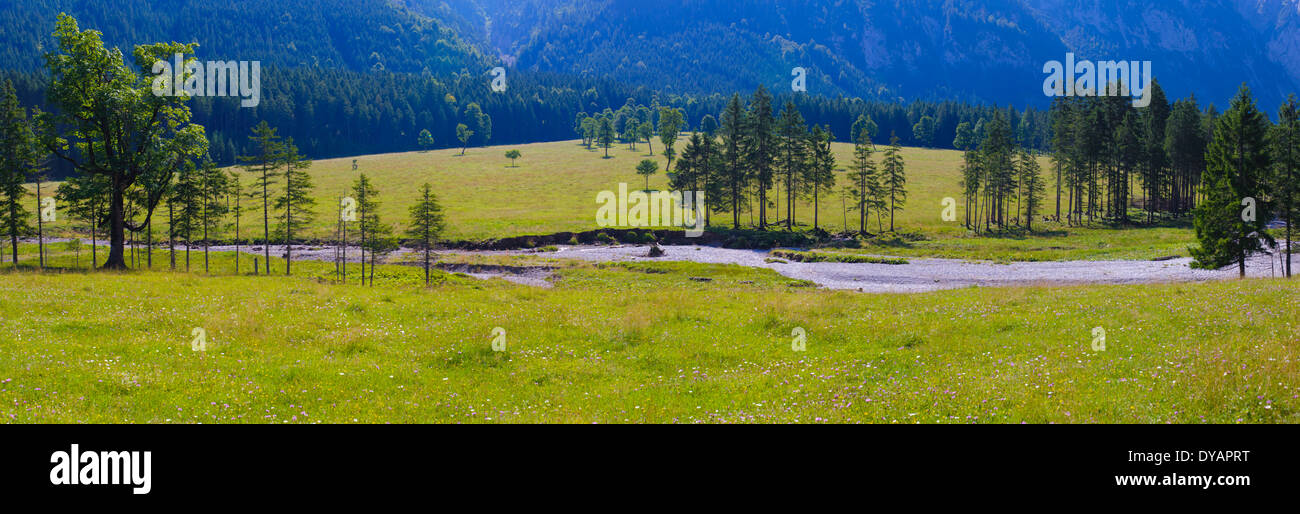 panorama view to beautiful rural landscape and alps mountains in Bavaria, Germany Stock Photo