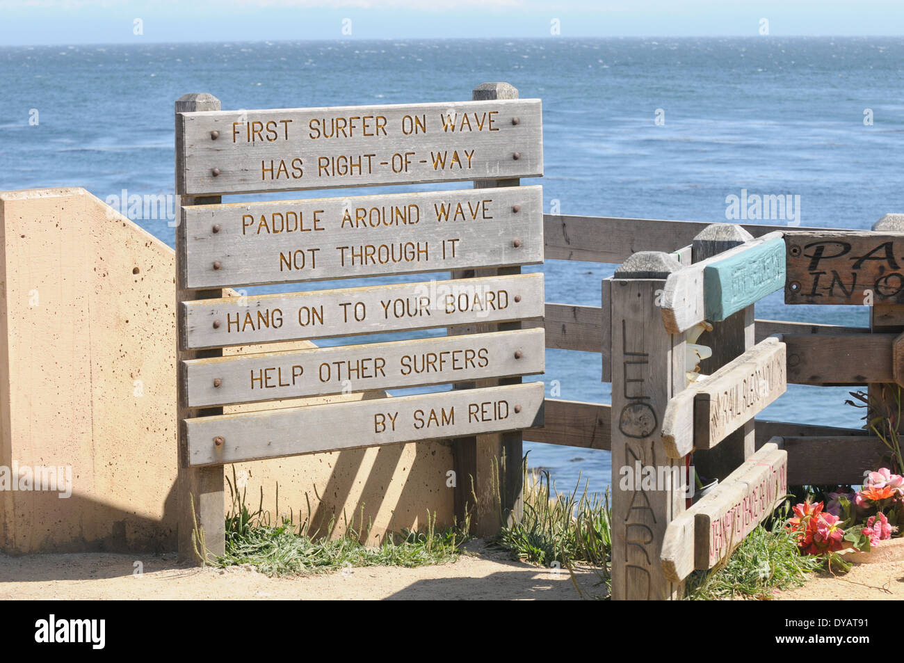 sign for surfers listing common rules and courtesy for surfers in santa cruz california near lighthouse firld Stock Photo