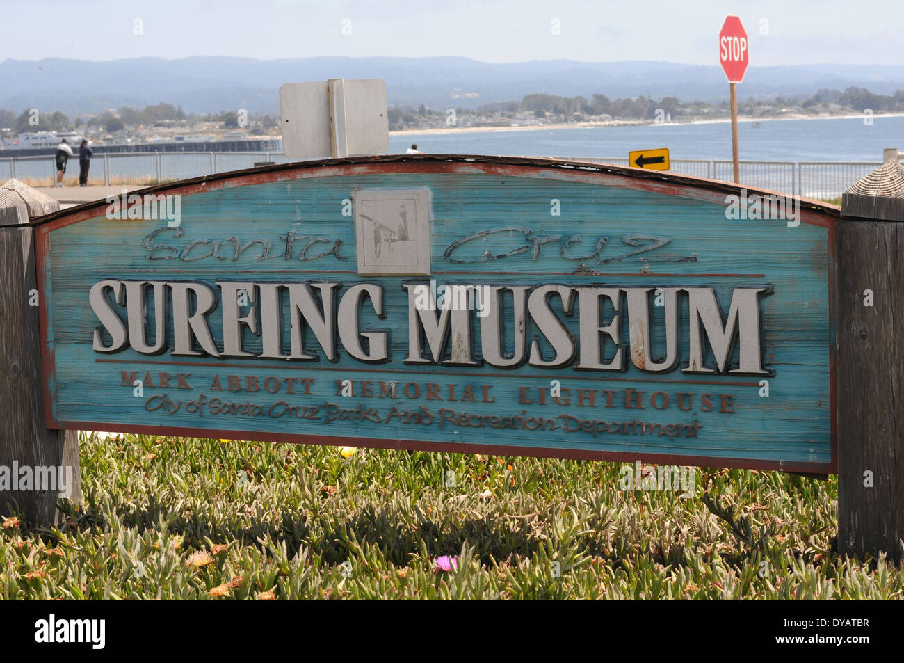 sign at surfing museum lighthouse field santa cuz ca. Stock Photo