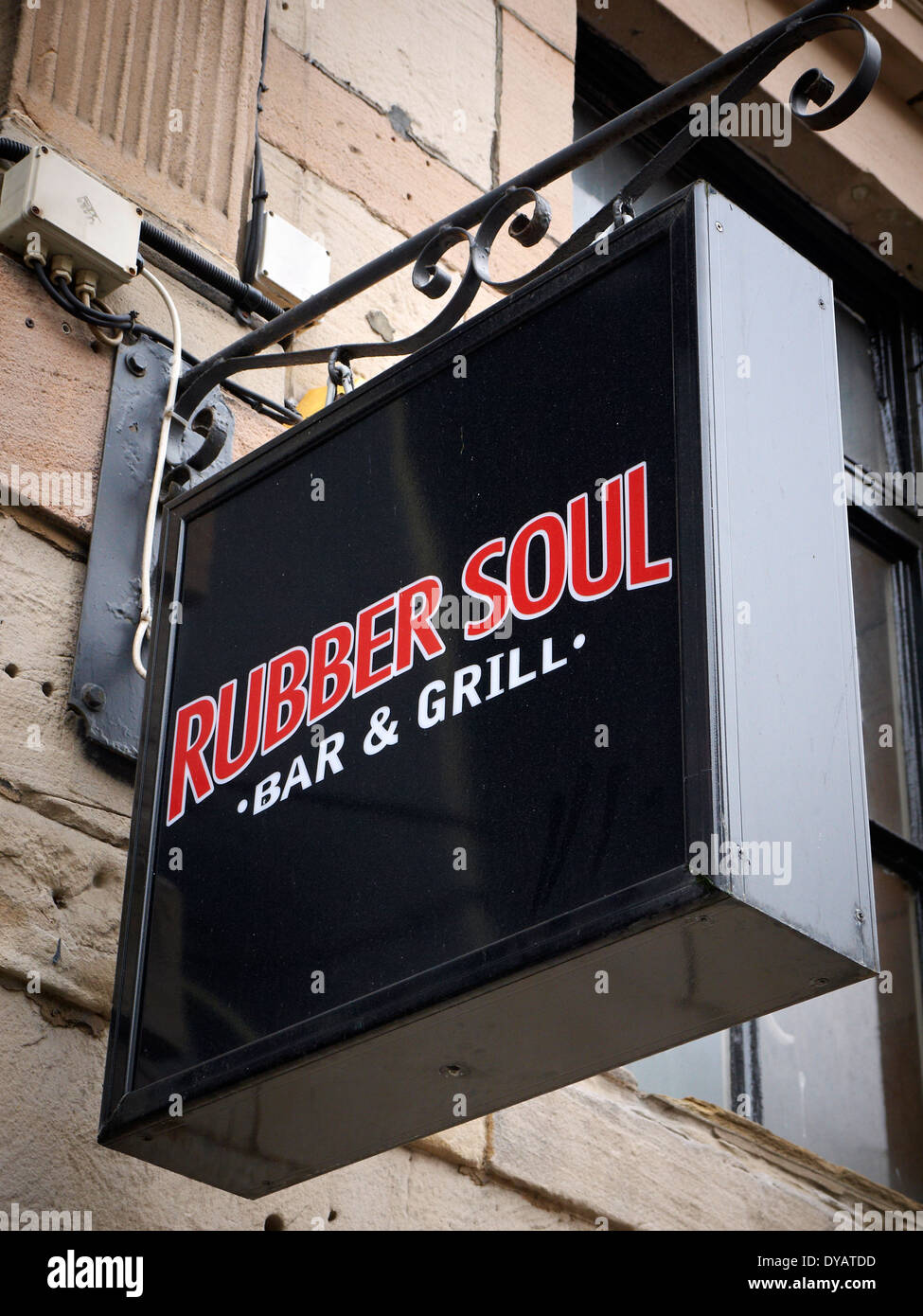 Rubber Soul bar & grill sign in Victoria Street, Liverpool UK Stock