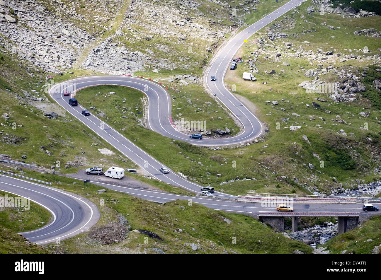 scenic top view of mountain serpentine road, Transfagarasan highway, Romania Stock Photo