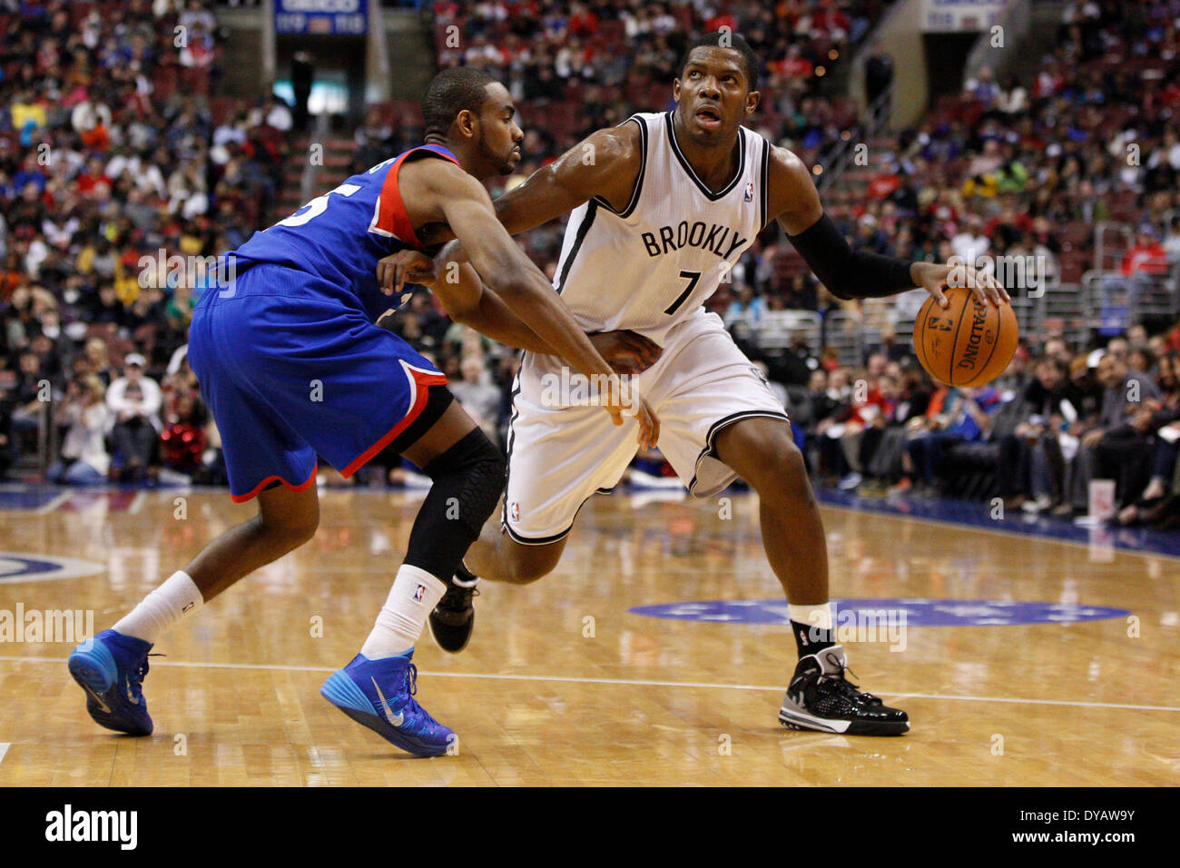 April 5, 2014: Brooklyn Nets guard Joe Johnson (7) in action against Philadelphia 76ers guard Elliot Williams (25) during the NBA game between the Brooklyn Nets and the Philadelphia 76ers at the Wells Fargo Center in Philadelphia, Pennsylvania. The Nets won 105-101. Christopher Szagola/Cal Sport Media Stock Photo