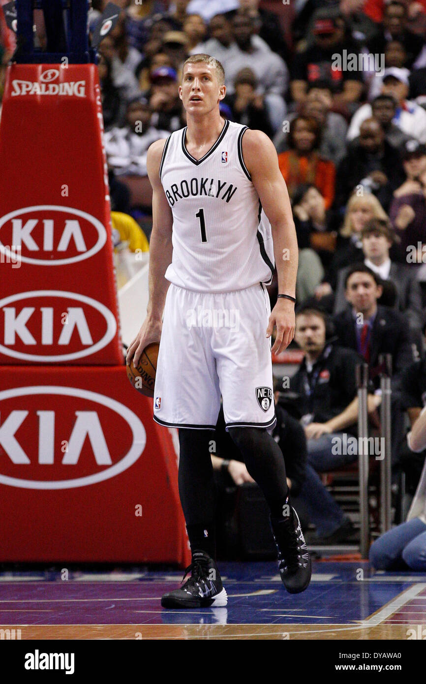 April 5, 2014: Brooklyn Nets forward Mason Plumlee (1) looks on with the ball during the NBA game between the Brooklyn Nets and the Philadelphia 76ers at the Wells Fargo Center in Philadelphia, Pennsylvania. The Nets won 105-101. Christopher Szagola/Cal Sport Media Stock Photo