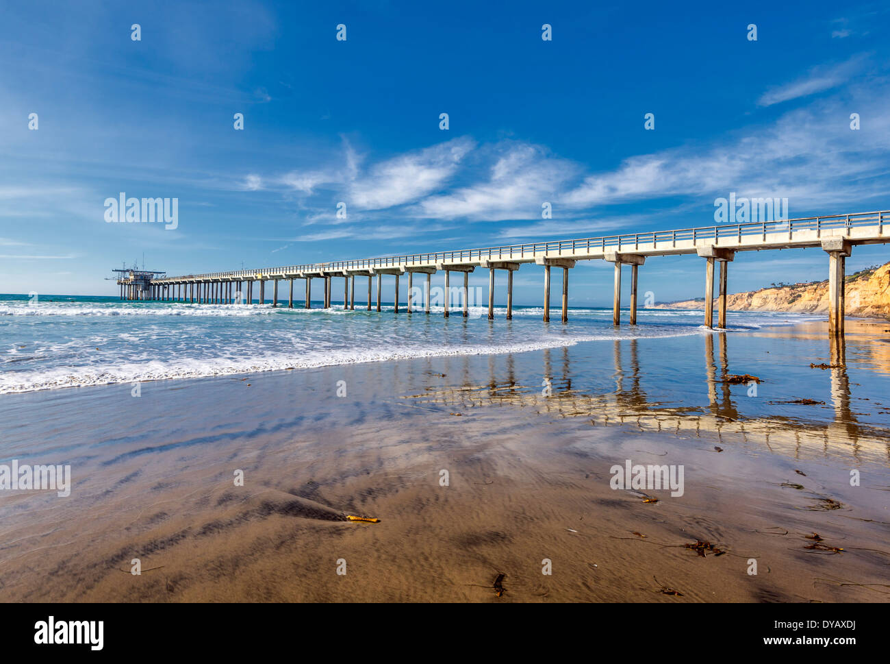 La Jolla Shores beach and the Ellen Browning Scripps Memorial Pier. La Jolla, California, United States. Stock Photo