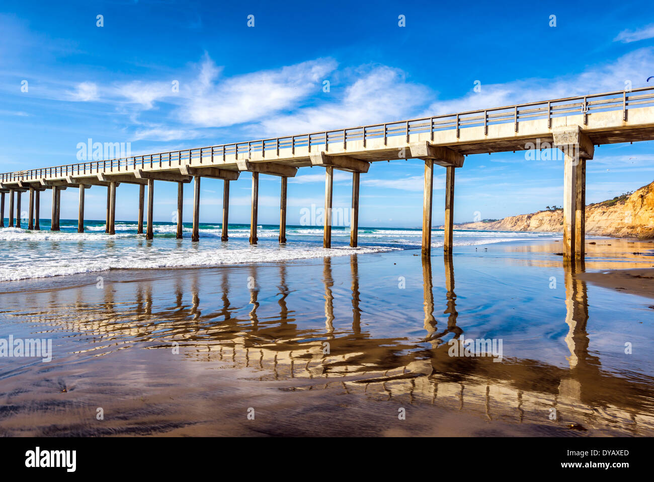 La Jolla Shores beach and the Ellen Browning Scripps Memorial Pier. La Jolla, California, United States. Stock Photo