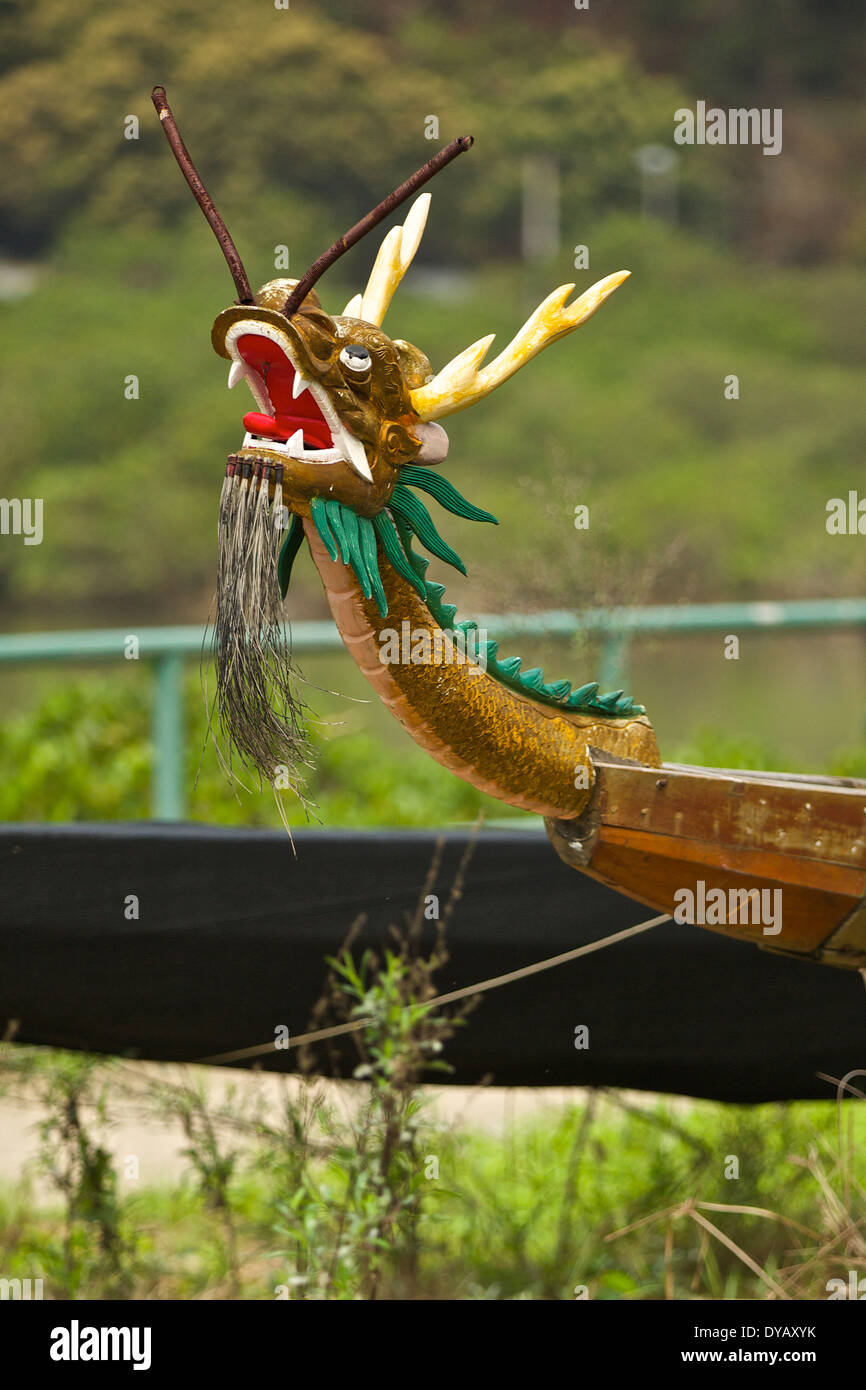 Chinese Dragon Boat Figure Head In 'Tai O' Fishing Village, Lantau Island, Hong Kong. Stock Photo
