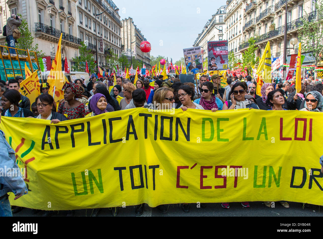 Paris, France, French Political Left Demonstration A-gainst Economic Austerity by the Government, Front de Gauche,  'Sans Papiers', Migrants without Papers marching with Protest banners, social justice slogans, protest support immigration rights, france migrant protests Stock Photo
